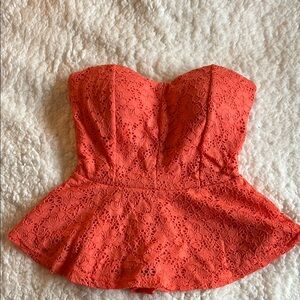 Lace Strapless Peplum Top in Coral